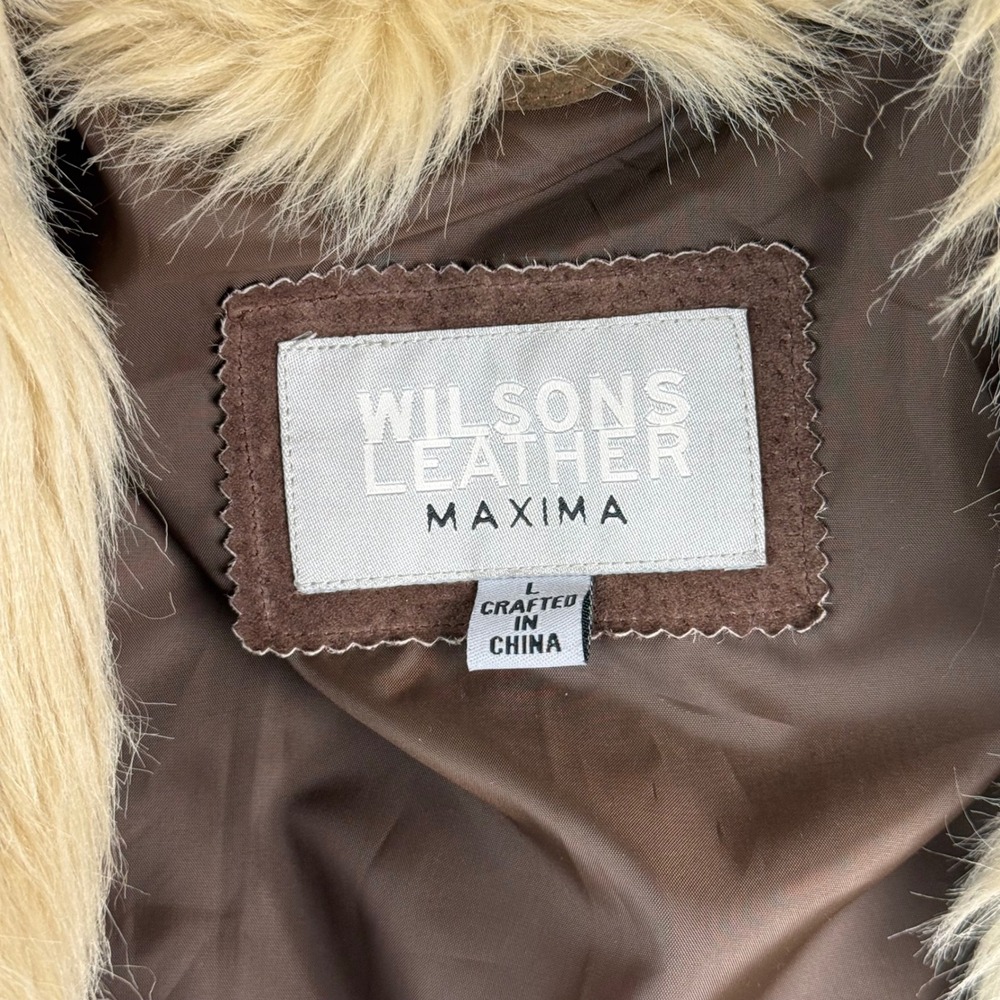 Wilsons Leather Maxima Brown Suede Faux Fur Trim Penny Lane Coat Womens Large - Picture 3 of 7